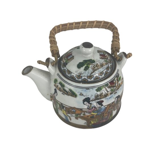 Vintage Hand-Painted Porcelain Teapot With Wicker Handle & Lid - Picture 1 of 8
